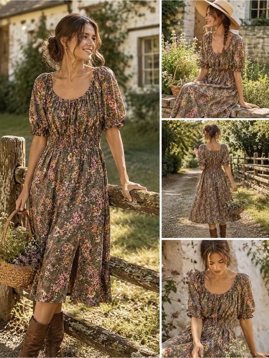 Addition Elle Dresses & Skirts - Additional Elle Floral Puff-Sleeve Midi Dress in Olive Green - 2X